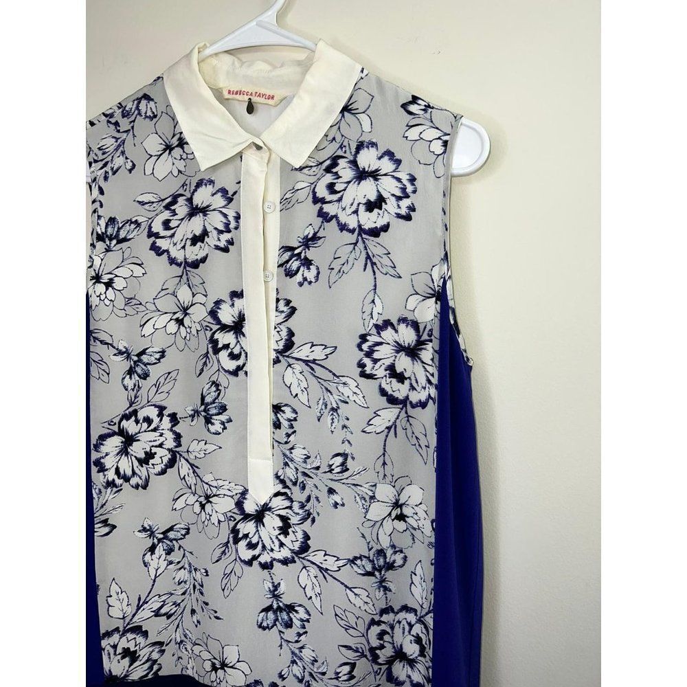 Rebecca Taylor Blue Color Block Floral 100% Silk Sleeveless Shirt Dress 4 - Picture 6 of 9